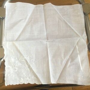 Vintage Linen Handkerchief with Hand Embroidery, 12” square